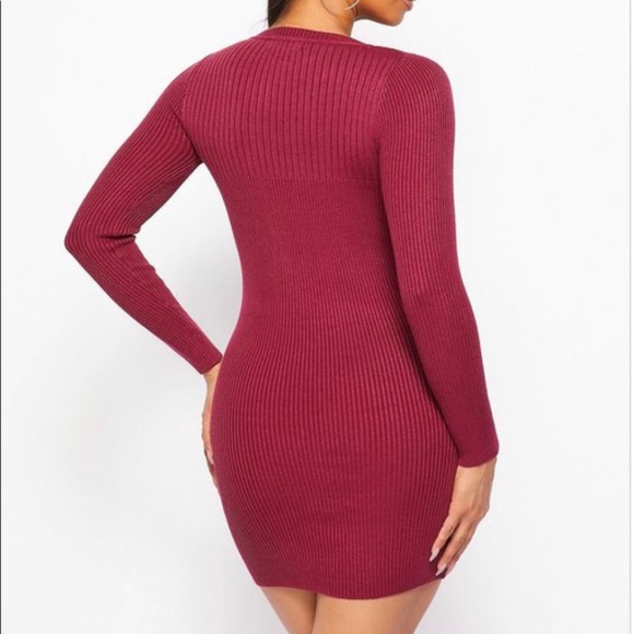 NEW TRENDY NAVY BLUE RIBBED LONG SLEEVE KNIT FRONT LACE UP WAIST BELT MINI DRESS - Picture 3 of 5